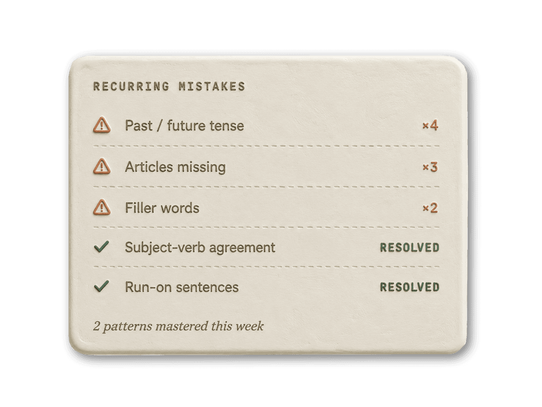 Recurring mistakes card listing past/future tense, missing articles and filler words alongside resolved patterns