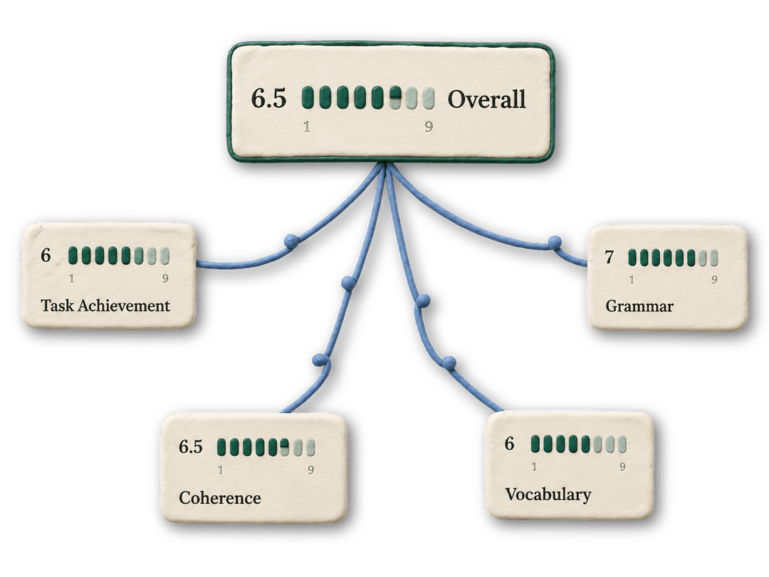 Overall band 6.5 broken down into Task Achievement, Coherence, Vocabulary and Grammar sub-scores